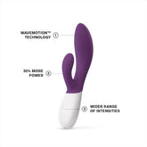 The LELO Ina 2 Waterproof Rabbit Vibrator in plum by LELO features body-safe silicone, dual-action design, WaveMotion tech with 30% more power, wider intensity range, enhanced G-Spot pleasure, and advanced movement.